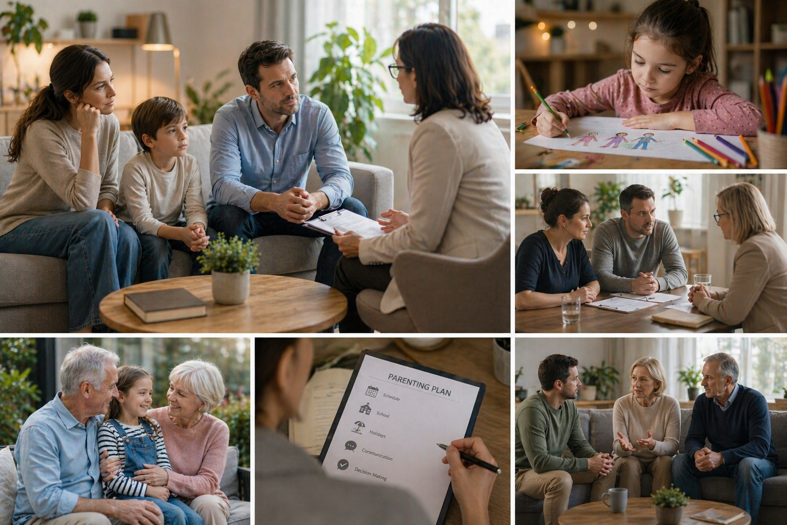 Illustration of a child sitting with two adults and a mediator, having a calm discussion